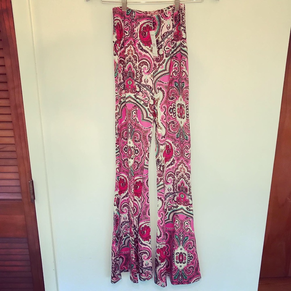 High-waisted Free People boho flare pants pink NWT
